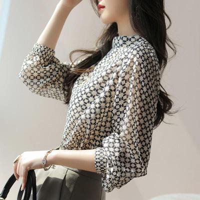 Stylish Slim Paper Print Half Turtleneck Heavy Georgette Silk Shirt