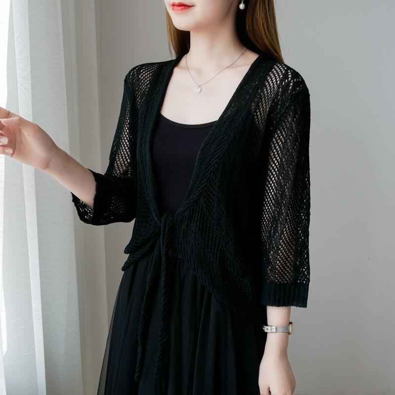 Spring and Autumn Short Thin Jacket Large Size Thin Knitted Cardigan with Skirt Small Outer Shawl Seven Sleeves Sunscreen Clothing Air Conditioning