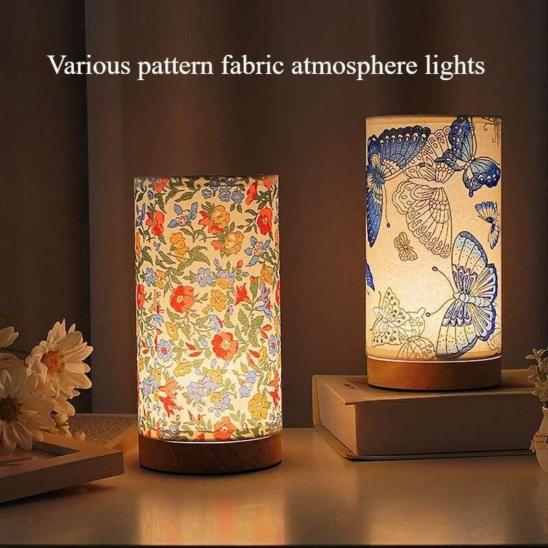 LED Fabric USB Desk Lamp Retro Butterfly Floral Bedside Night Light Bedroom Decor