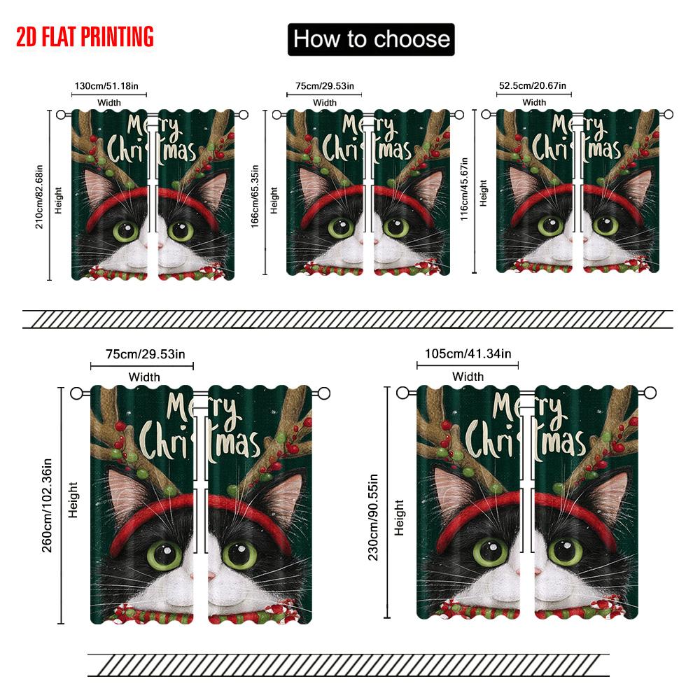 2pcs  2D plane printing Curtains Digital Printed Winter Black Cat Versatile Polyester Fabric (without rod) Holiday Ldeal for