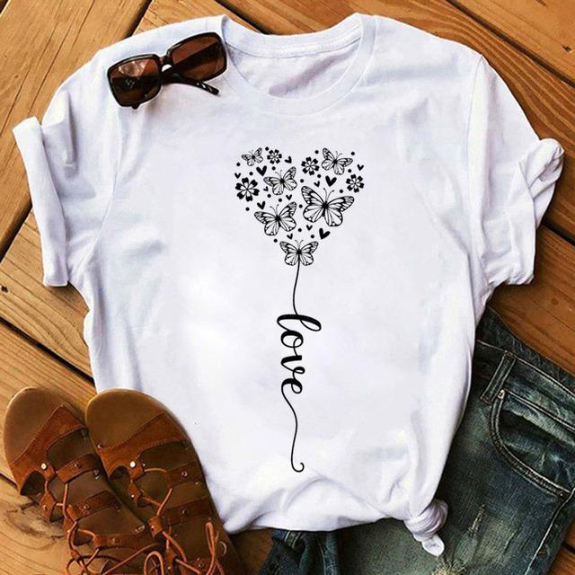 New Fashion Women Black T Shirt Friends Gift Flower Love Print Cute Tee Shirt Female Harajuku Tops Woman Short Sleeve T -Shirts