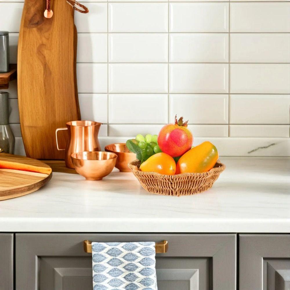 Flower Shape Imitation Rattan Basket Handwoven Woven Bread Plate Fruit  Serving Tray  Dining Table