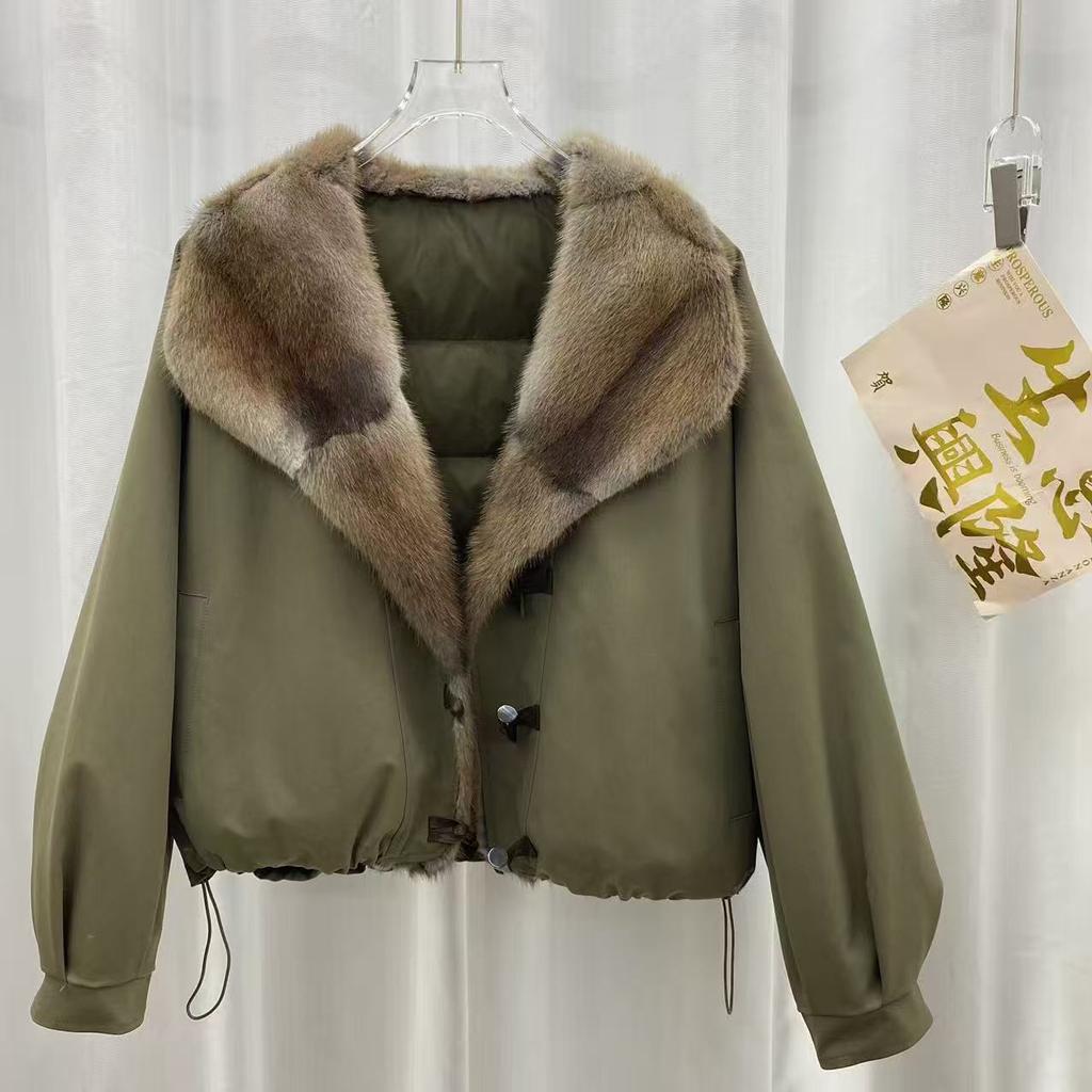 New winter mink fur collar down jacket short loose thickened pie overcome green root mink fur goose down jacket
