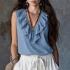 Womens Blue Sleeveless V Neck Blouse With Ruffle Trim Casual Loose Fit Summer Top