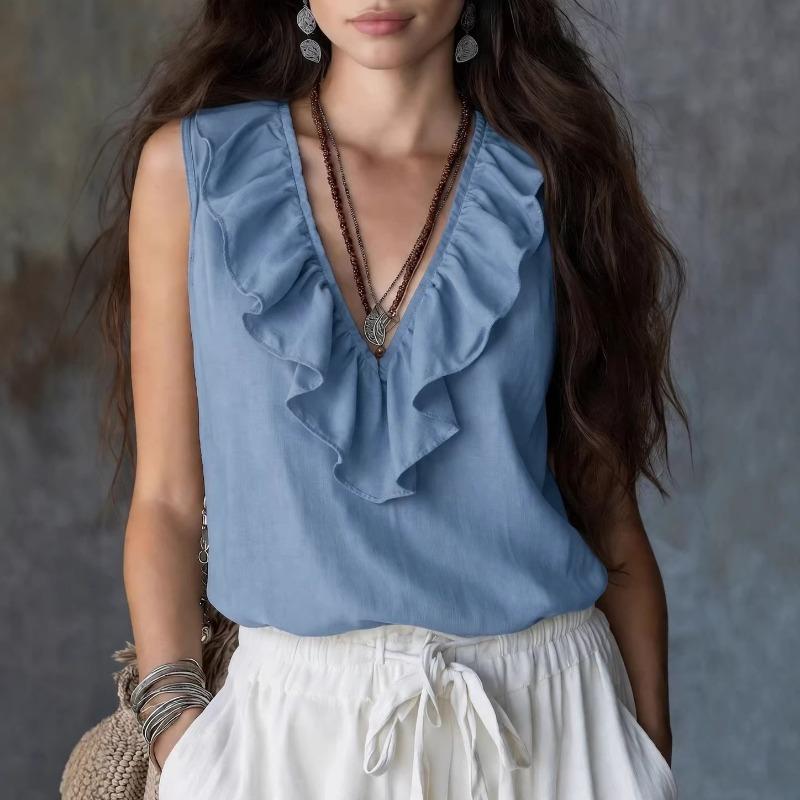 Womens Blue Sleeveless V Neck Blouse With Ruffle Trim Casual Loose Fit Summer Top