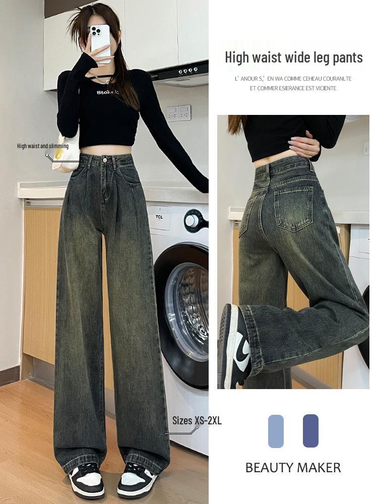Pleated Wide-Leg High-Waist Gray Jeans for Women - Retro & Nostalgic Autumn Wear