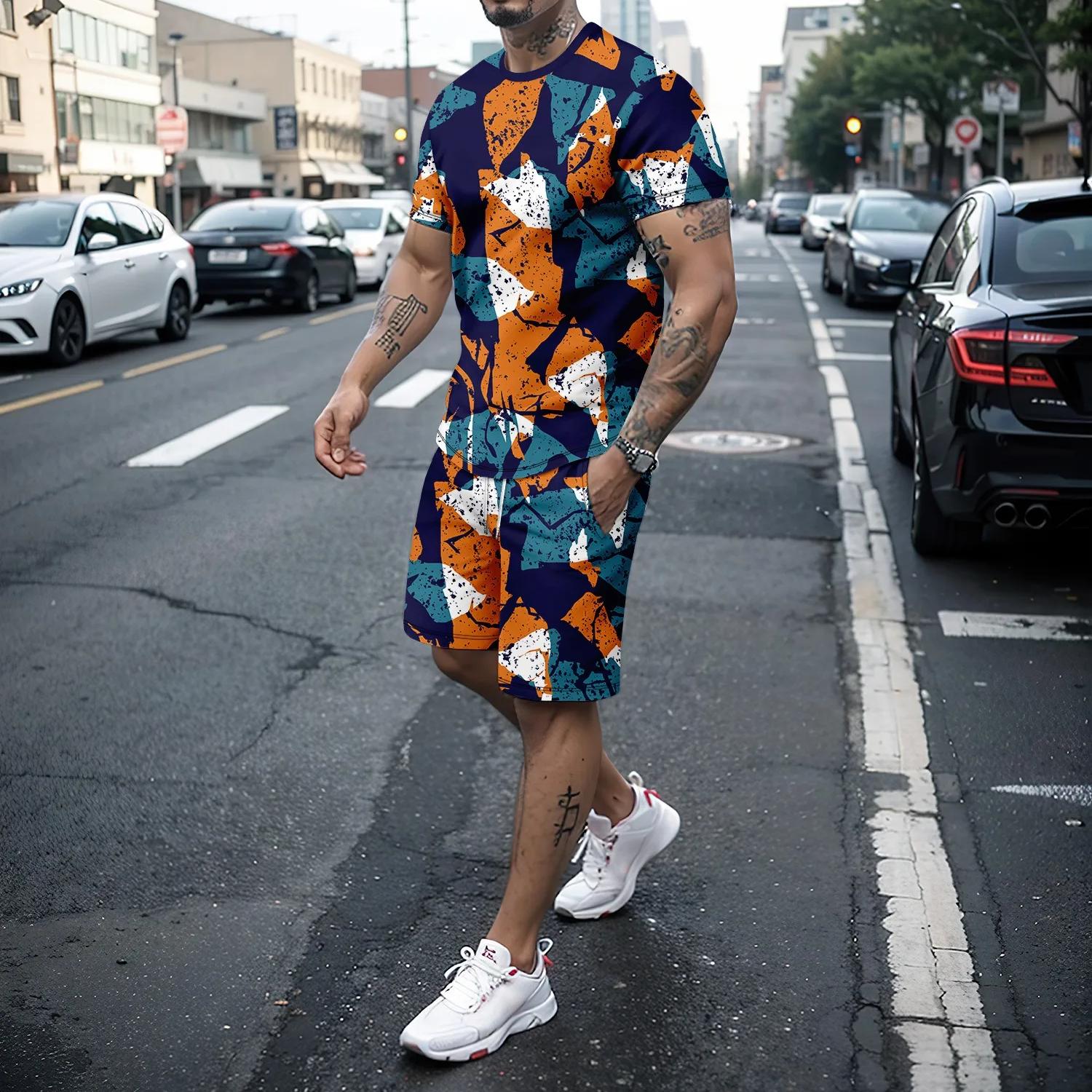 

Мужской летний комплект из двух предметов в стиле ретро в стиле милитари, мужская футболка с короткими рукавами и модные шорты, дорожный уличный комплект 6XL