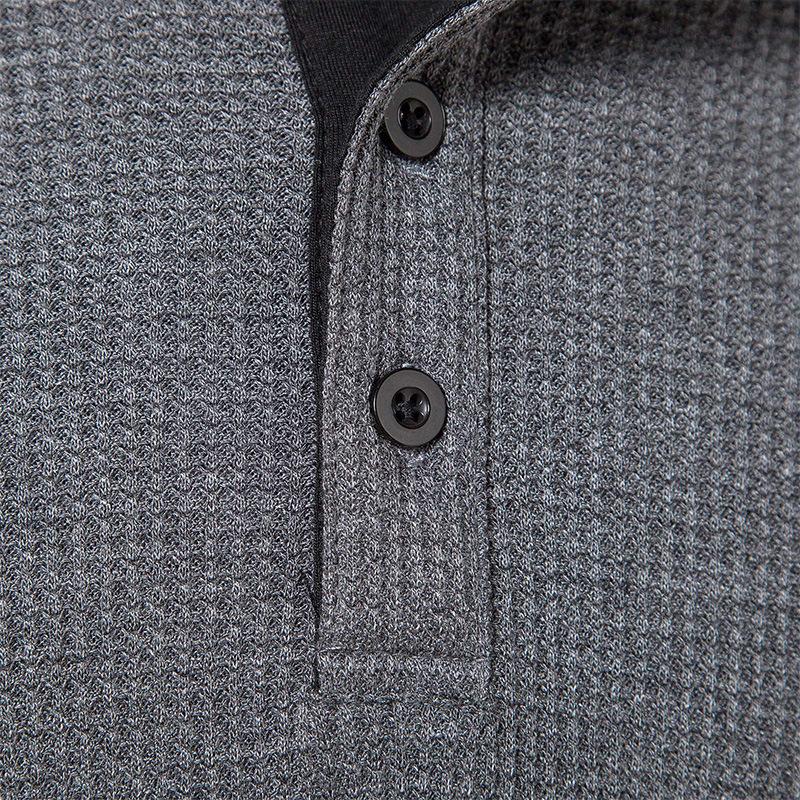 European and American Style Men’s Solid Waffle Henley Shirt Long Sleeve T-shirt Buttoned Round Neck Top