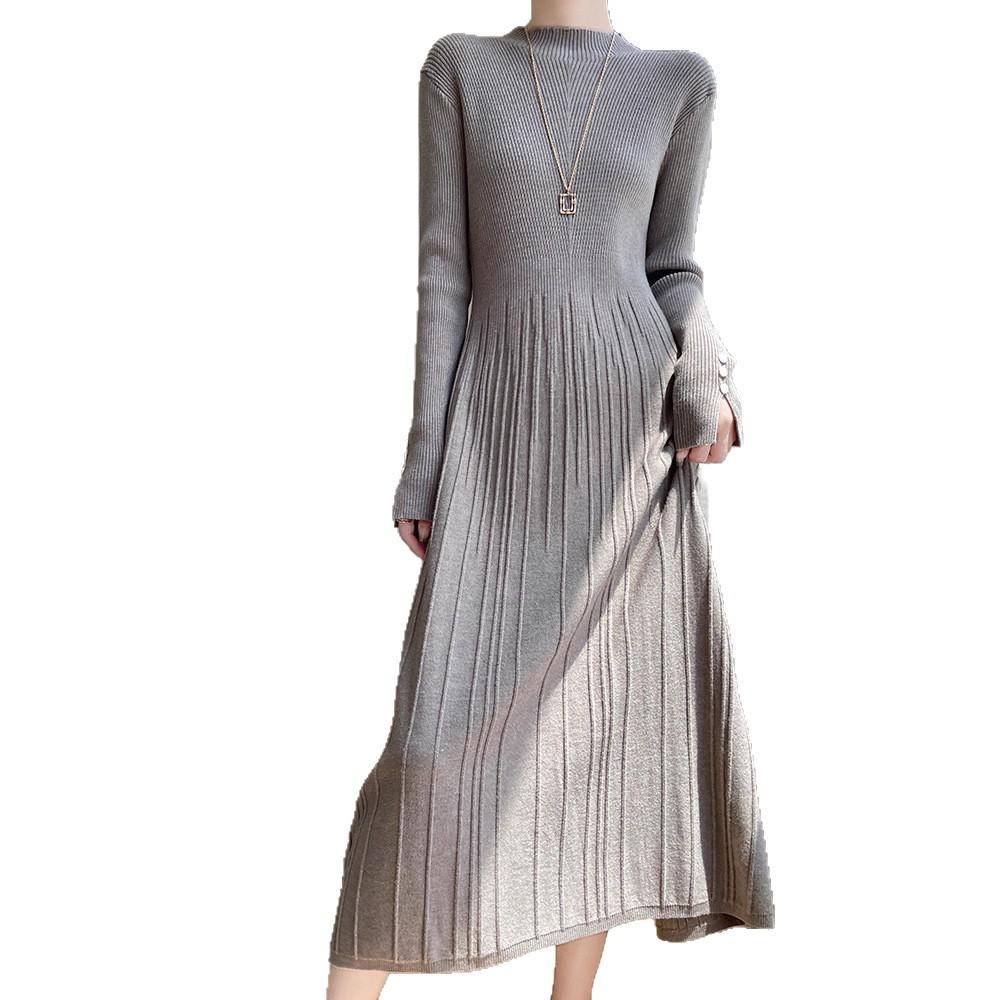 Semi-turtleneck Solid Color Sweater Skirt Autumn and Winter Temperament Versatile Long Dress Slim and Thin a Word Knitted Bottoming Dress Women