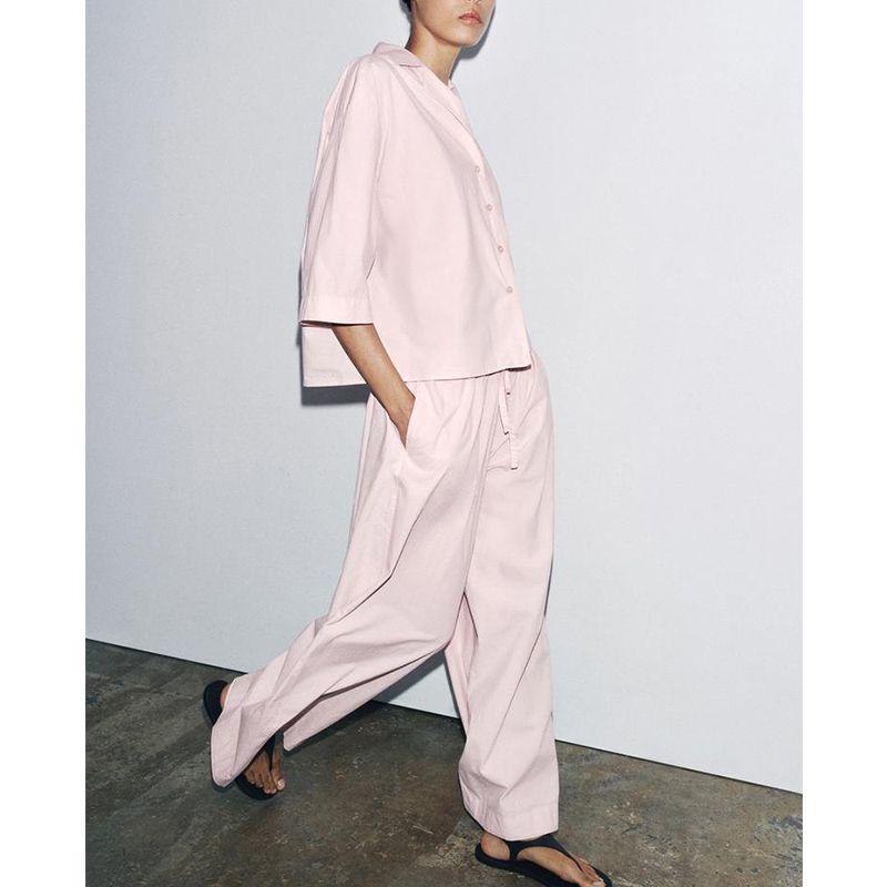 Cotton Blend Short Sleeve Lapel Short Shirts 2183062 Mid Waist Simple Wide Leg Casual Trousers 2183063