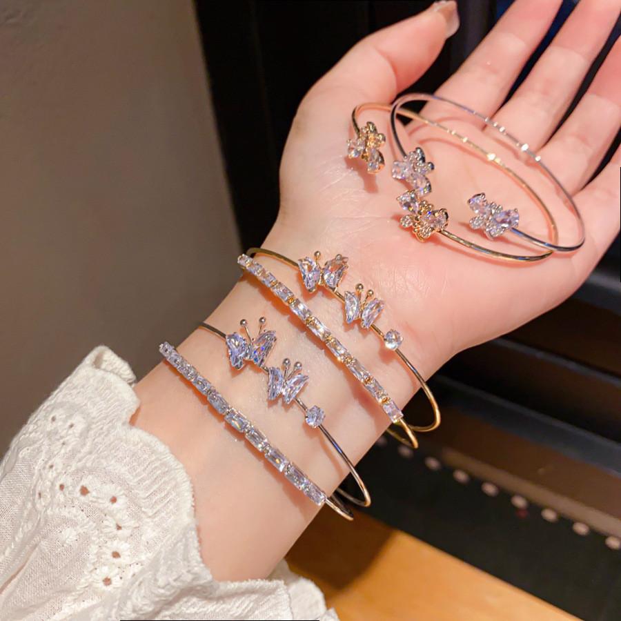 Butterfly Charm Double Layer Open Bracelet With Cubic Zirconia For Fashion Women
