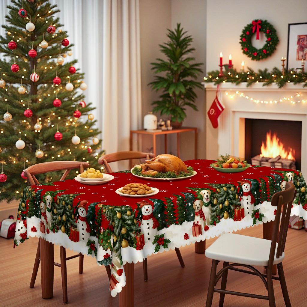 Christmas Cute Pet Snowman Round Tablecloth, Family Party Table Decorative Cloth, Warm Winter Atmosphere Layout