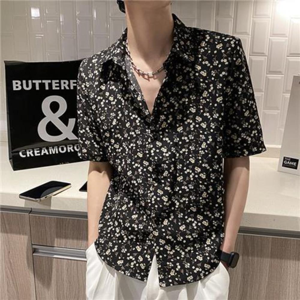 

Летняя рубашка с цветочным принтом для мужчин, с коротким рукавом, повседневная, свободного кроя, новая, повседневный кардиган из ледяного шелка XXXL чёрный