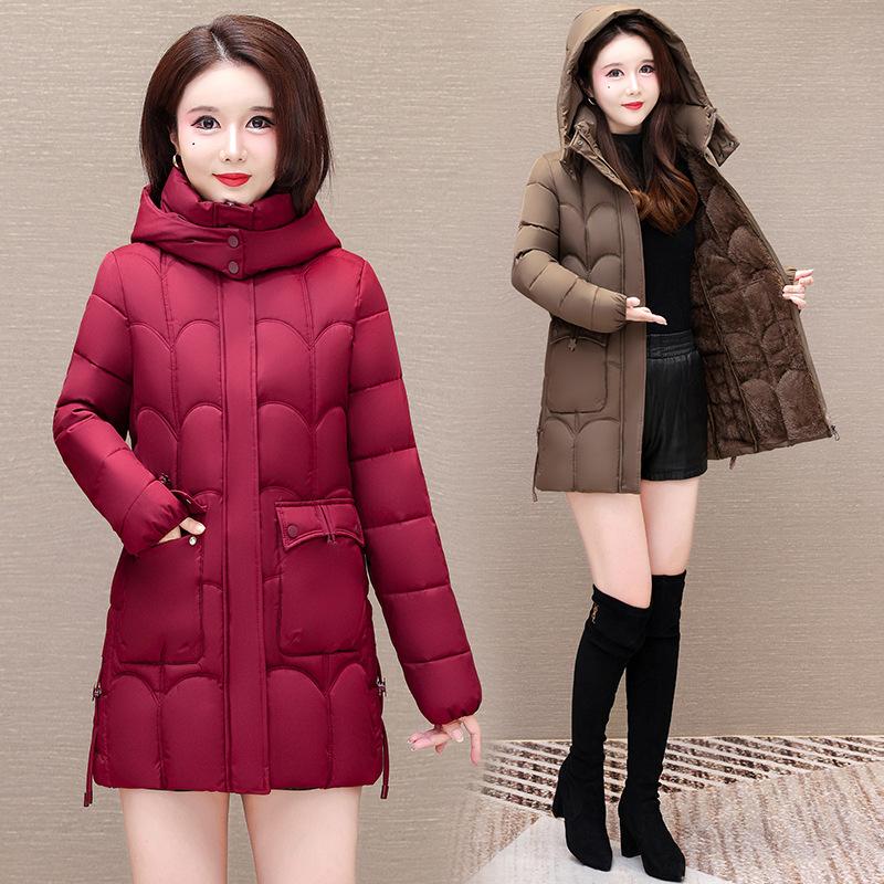 Down cotton-padded jacket Long hooded loose cotton-padded jacket with fleece and thickened cotton-padded jacket