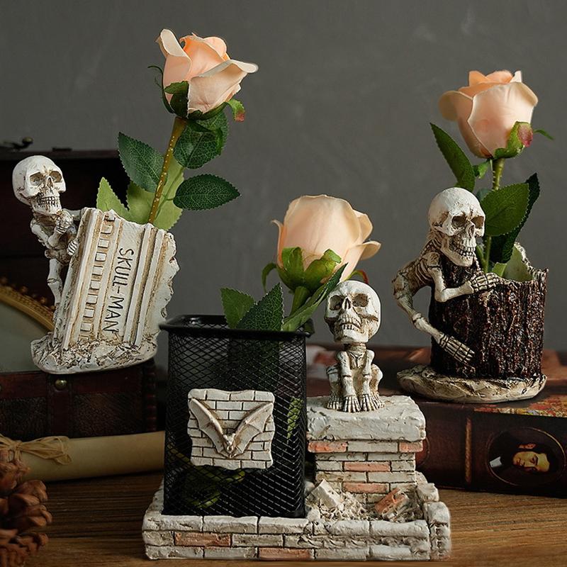 Halloween Skull Pen Pencil Holder Skeleton Key Holder Makeup Brush Holder Home Office Desk Supplies Organizer Accessory Gifts