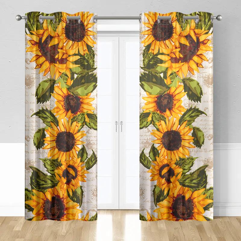 2 Pieces, Vibrant Countryside Sunflower Curtains - Semi Transparent - Suitable for Living Room, Bedroom, Office Home Decoration.