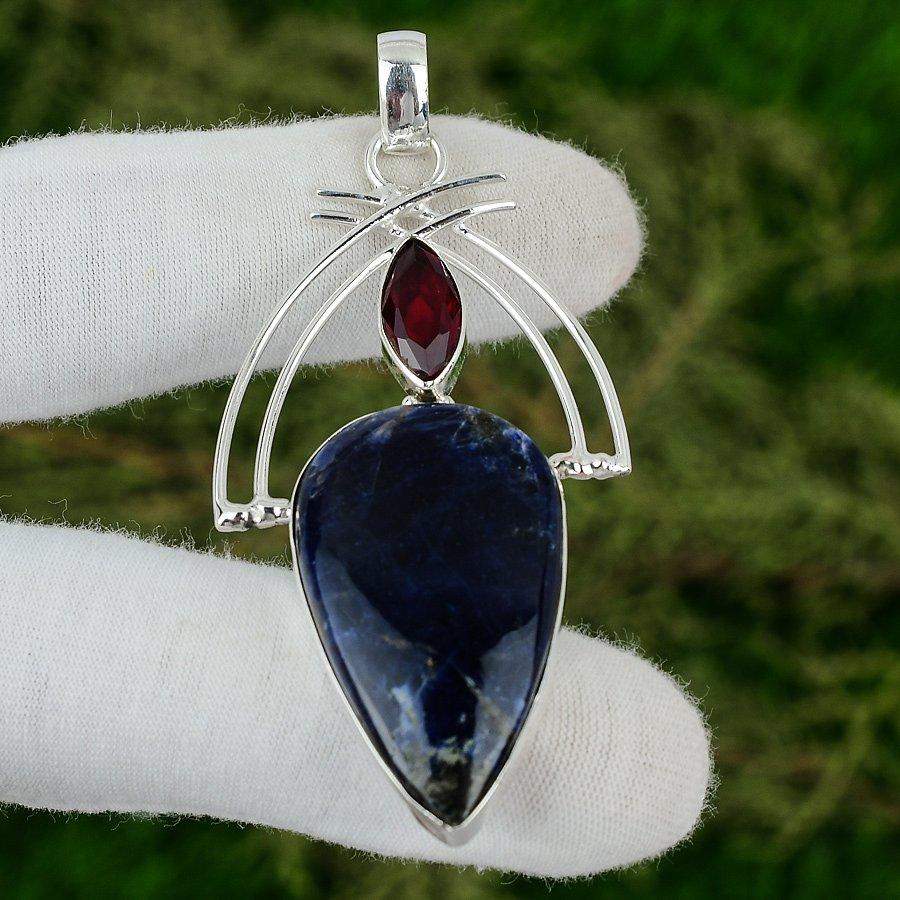 Friendship Day Deal Sodalite Gemstone Garnet 925 Silver Sister Bezel New Pendant