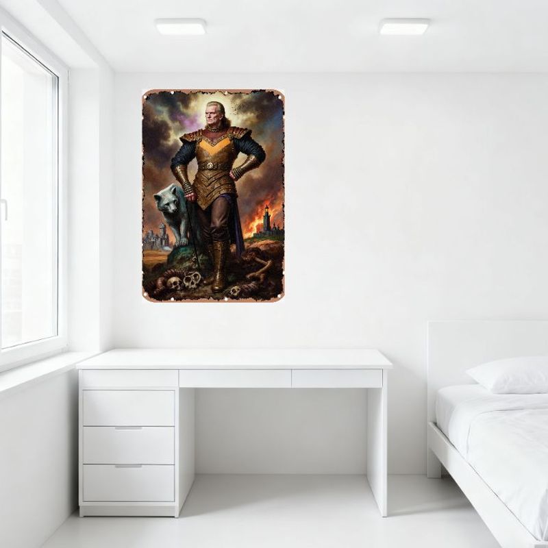 Medieval Dark Fantasy Warrior with Dire Wolf Metal Tin Sign, Vintage Castle Fire Skull Bone Battle Scene Poster for Home Bar Man