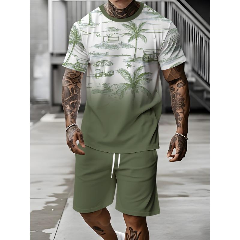 2026 Summer Fashion T-Shirt and Shorts Set Stylish Streetwear Look for Men–3D Short-Sleeve Oversized Top with Palm Tree Print
