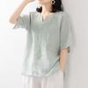 Women's Clothing Cotton Linen Shirt Summer New V-Neck Loose Fit Embroidered Short Sleeve Boho Chic Casual Trendy Top