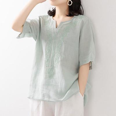 Vêtements pour femmes Chemise en coton et lin Été Nouveau Col en V Coupe ample Brodé Manches courtes Boho Chic Décontracté Tendance Haut