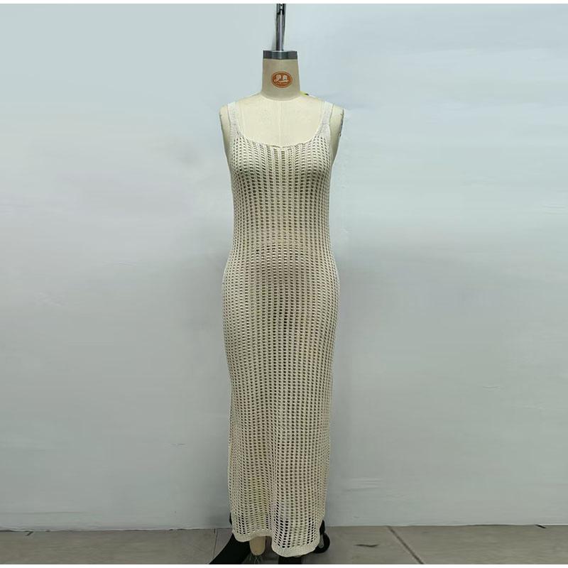 

Fashion Backless Knitted Long Dress for Women Sexy Hollow Out Sleeveless Beach Midi Dresses 2026 Summer Lady Vacation Dress S абрикосовый