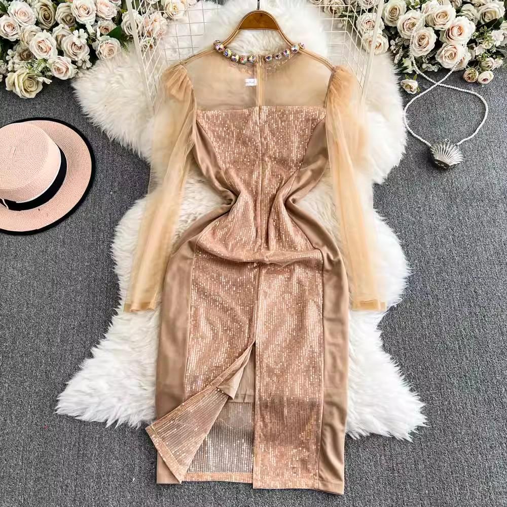 2025 neue Frühjahr Sommer Frauen High-End-Party Mode O Neck Shiny Diamanten Langarm Schlank Lange Party Casual Kleider