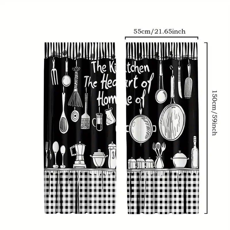 Fashionable black and white kitchen pattern printed curtains, window decoration, home decoration, room decoration