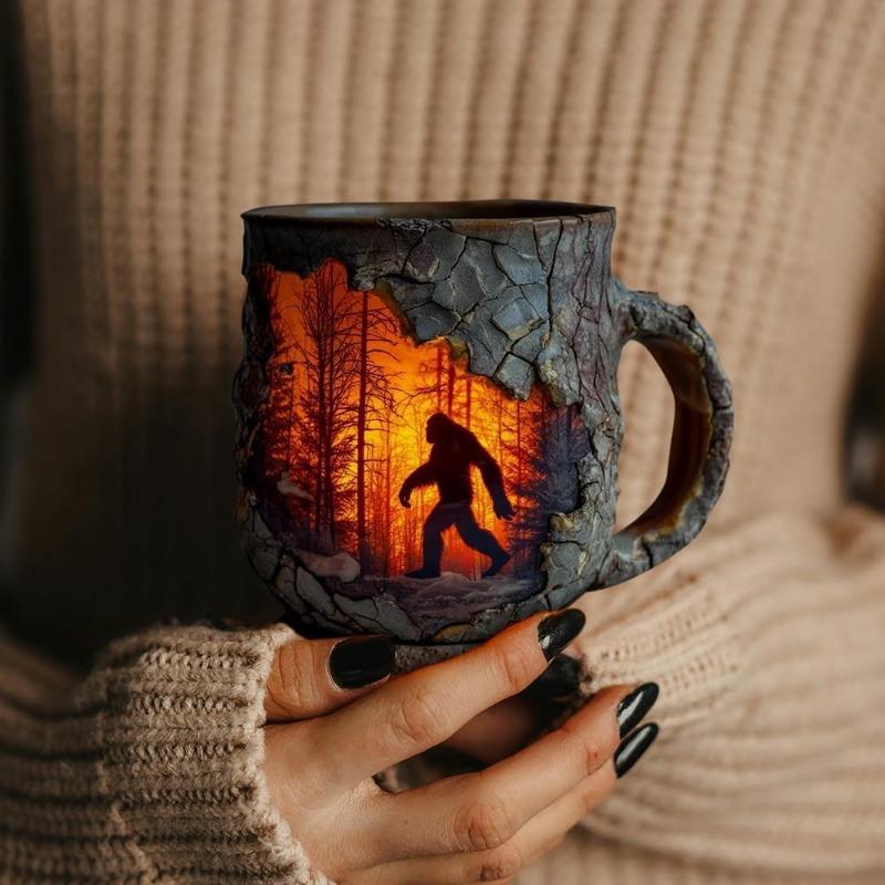 Bigfoot Forest Fire Mug, Forest Fire Design with 3d Relief Mug, 3D Vintage Sasquatch Bigfoot Outdoor Coffee Gifts Cup