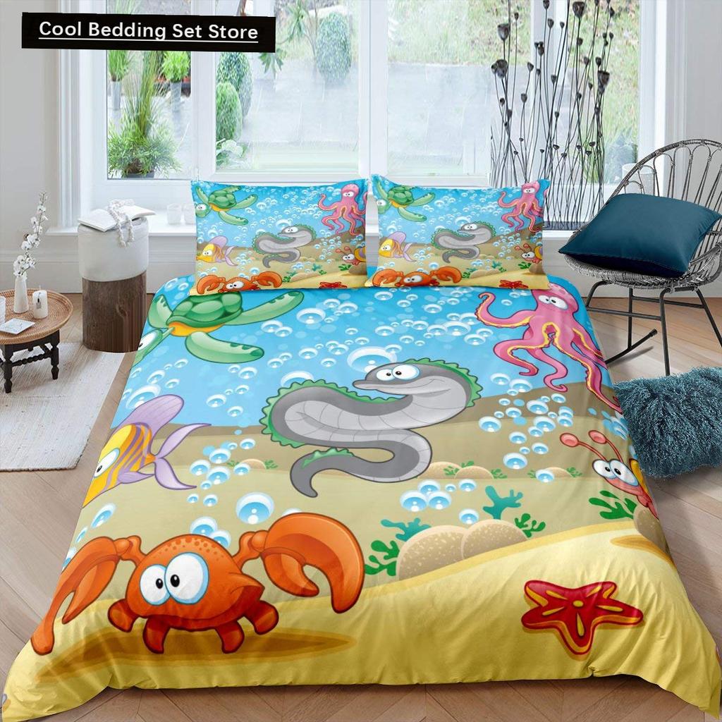Kids Cartoon Ocean Animal King Queen Bedding Set Underwater World Duvet Cover Marine Life Quilt Cover Polyester Comforter Cover