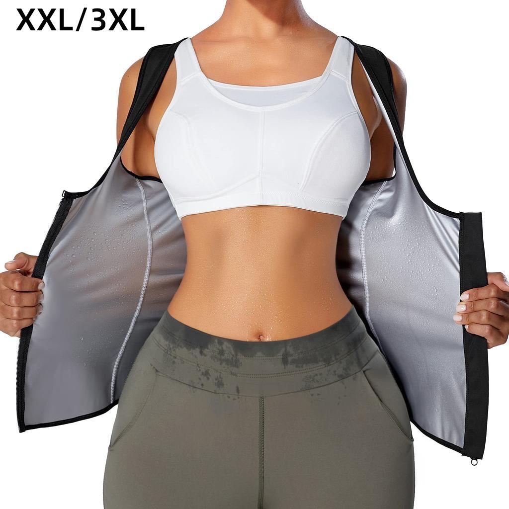 Women Sweat Vest Workout Top Fitness Running Vest Zipper Sauna Shirt Silver Coated Sweatshirt Fat Burning Exercise Sport Apparel Plus Size Gym Vest