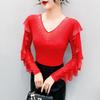 Spring Autumn Women's Ruffles Sleeve T-Shirt Elegant V-neck Tees Slim Ladies Tops With Rhinestone