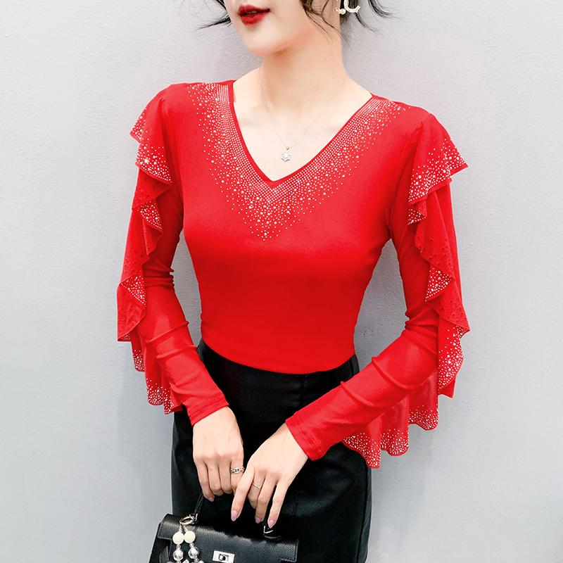 Spring Autumn Women's Ruffles Sleeve T-Shirt Elegant V-neck Tees Slim Ladies Tops With Rhinestone