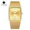WWOOR Luxury Gold Watch Men Square Quartz Slim Steel Mesh Waterproof Sports Automatic Date Wrist Watches Relogio Masculino