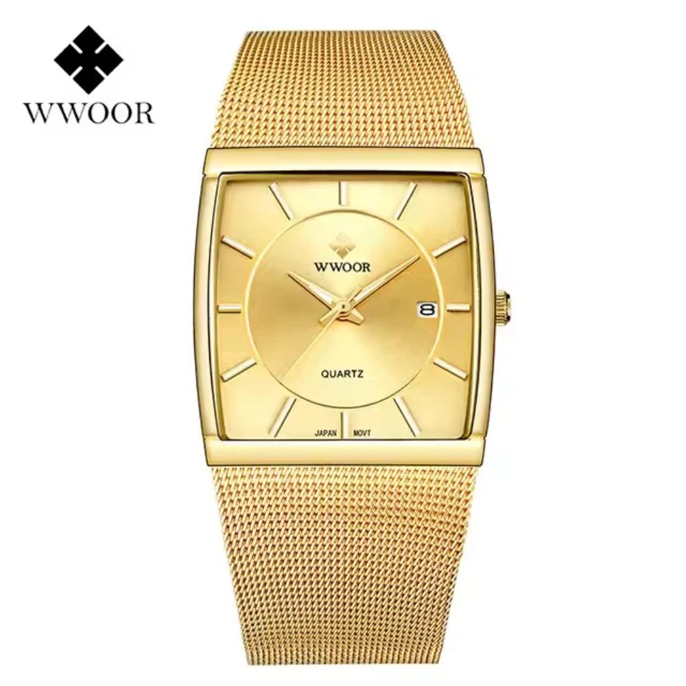 WWOOR Luxury Gold Watch Men Square Quartz Slim Steel Mesh Waterproof Sports Automatic Date Wrist Watches Relogio Masculino