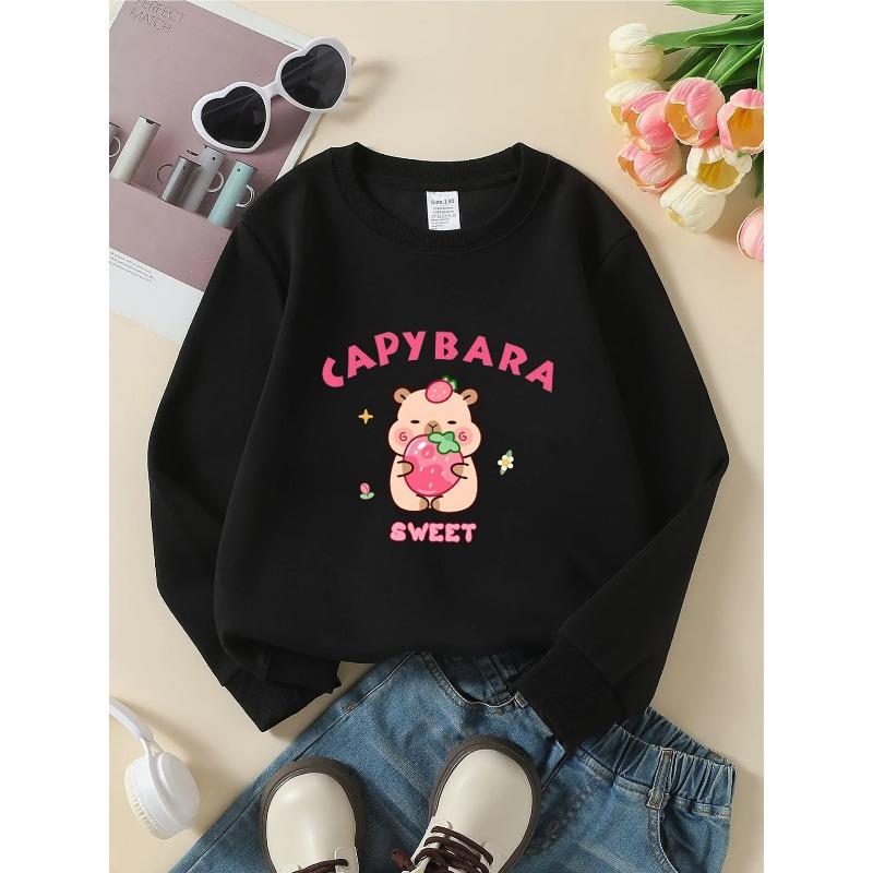 European sizes Crewneck Sweatshirt for Kids Featuring a Capybara with a Strawberry, Soft And Comfy Sports And Casual Wear Is Perfect for Kids