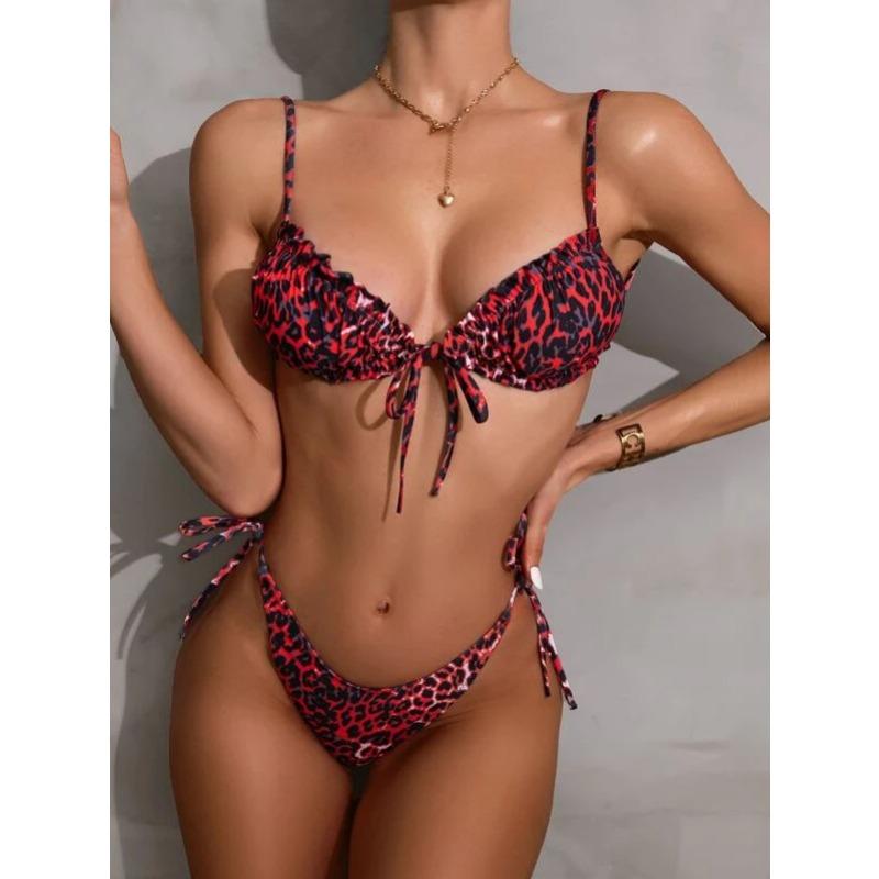 Leopard Print Tie Side Bikini Set Ruched Two Piece Swimsuit Sexy Beachwear