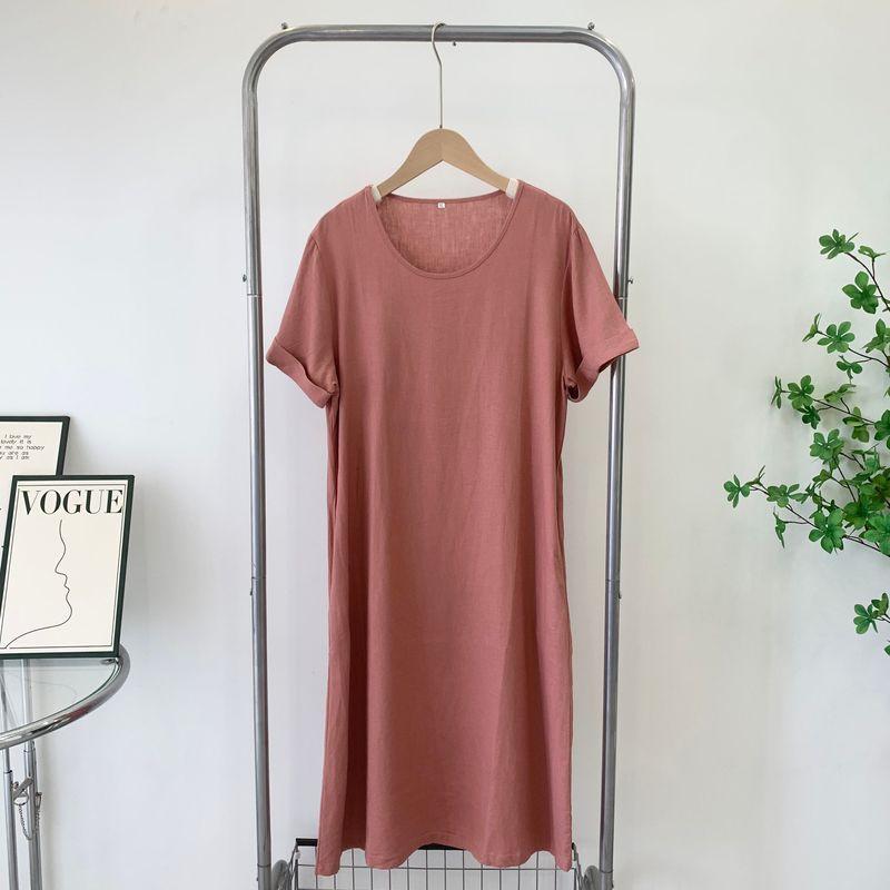 Cotton and Linen Dress Women's Inventory 2025 New Arrival Summer Linen Short Sleeve Mid Length Long Length Skirt Pure Color Temperament Dress
