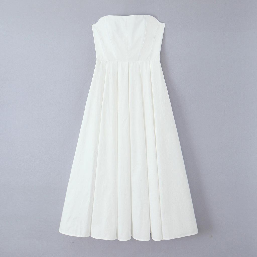 French Retro Solid Color Sleeveless Pleated Design Medium and Long Tube Top Dress Women's European and American Seaside Vacation Dress