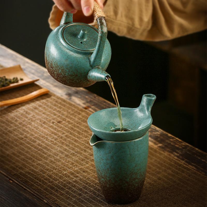 Rope Handle Ceramic Teapot Retro Style Gongfu Teapot Natural Jute Rope & Pottery No-Scald Design Daily Brewing Companion