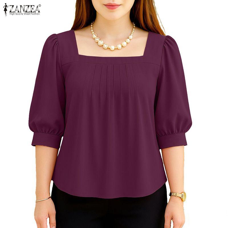 ZANZEA Women Square Collar Summer Casual 3/4 Sleeve Solid Blouse