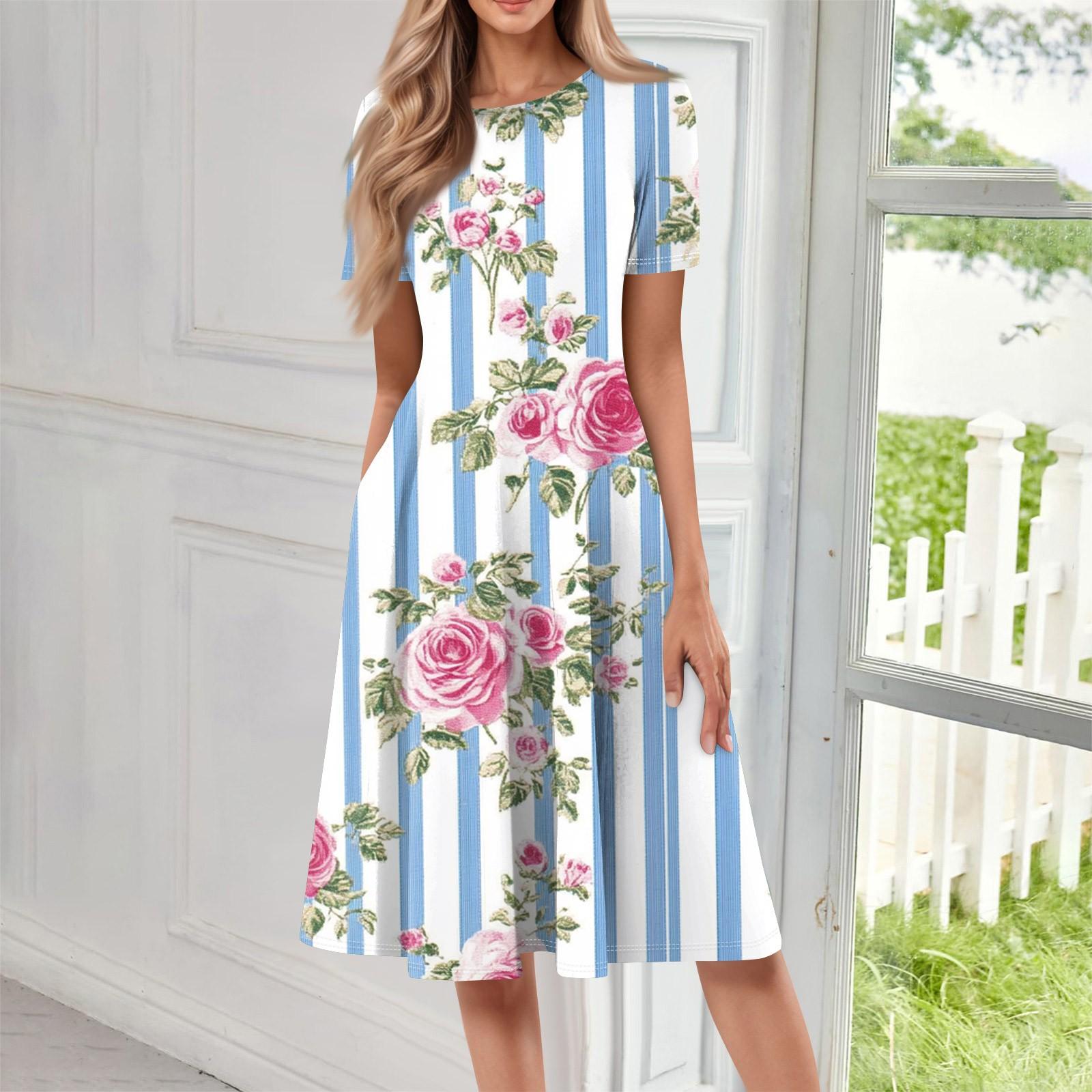 

Женское свободное повседневное и модное платье с круглым вырезом и короткими рукавами, средней длины с принтом XL небесно-голубой