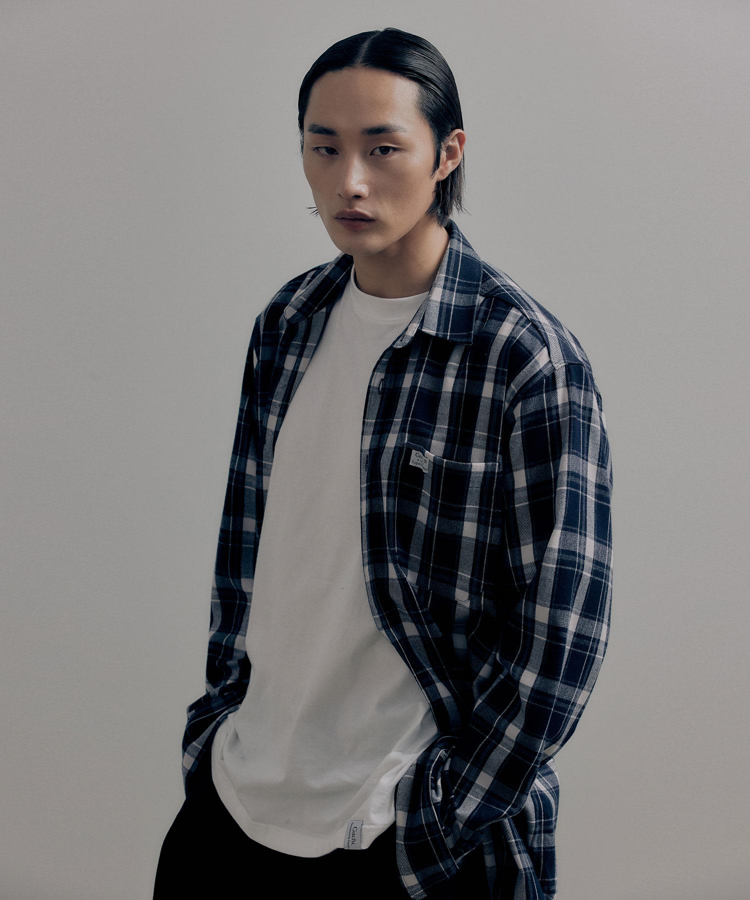 Gachi Check Pattern Loose Fit Overshirt Navy Check M