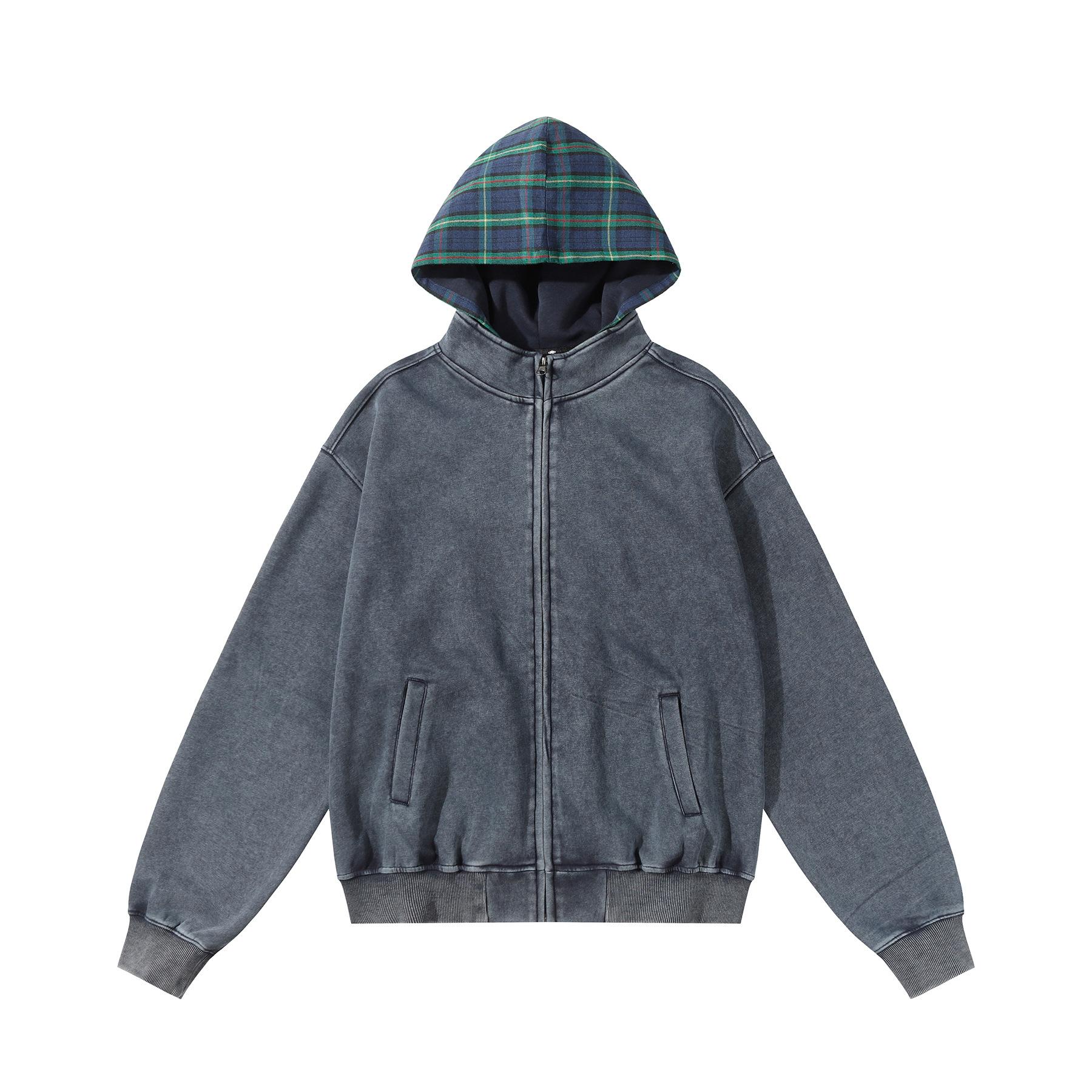 Men s autumn and winter new American street fake two-piece hoodie jacket wash plaid hooded sweater S синий