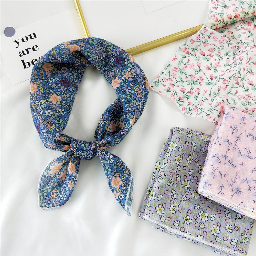 Floral Cotton Linen Silk Scarf: Women's Square Headband for Spring, Summer, Autumn - Korean Fresh Style