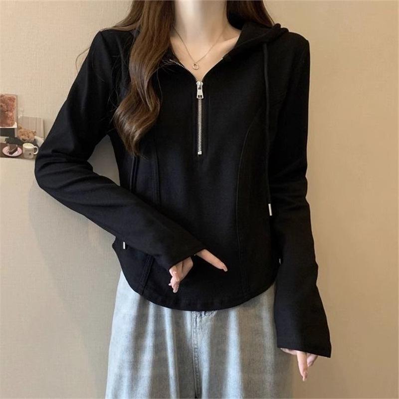 

Women s Slim Fit French-Style Hooded Sweatshirt - Long Sleeve, Straight Shoulder, Short Top for Autumn M 90-102 jin