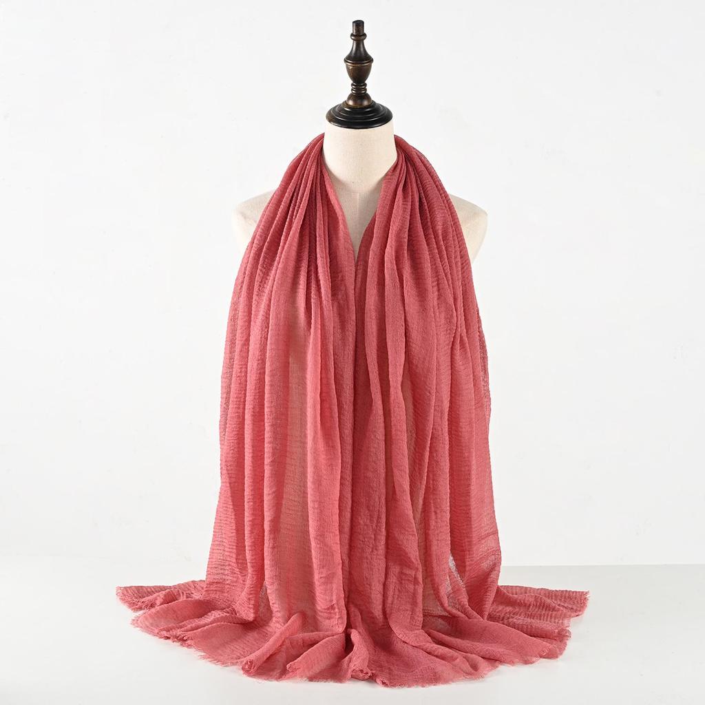 Crinkled Cotton-Linen Blend Scarf with Fringe - Solid Color, 90x180cm, Women's Headscarf