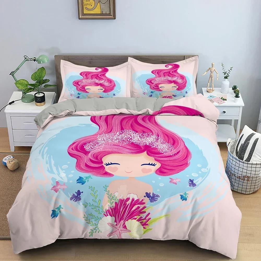 Mermaid Bedding Set For Girls Cute Cartoon Duvet Cover Comforter Covers Children Bedroom Double Queen Size Home Textile 2/3 PCS