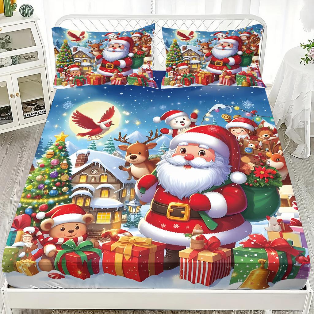 Christmas theme Fitted Sheet Santa Claus elk Christmas tree Print coreless Fitted Sheet Set Soft Bedspread Bedroom Bedding Decor
