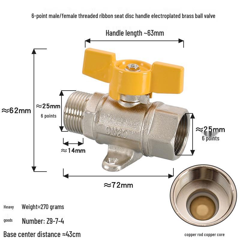 Brass Ball Valve with Copper Core: Male/Female, Double Female, 1/2", 3/4", 1" Sizes, for Water and Gas Pipes.